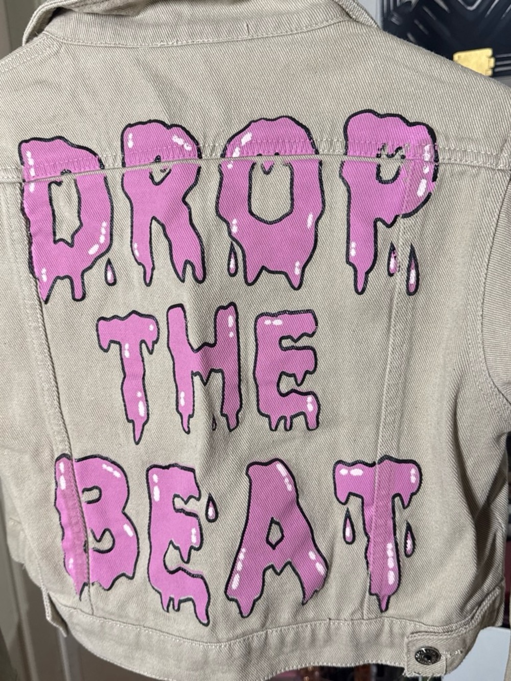 Kids Beige Denim Jacket with Pink 'Drop The Beat' Graphic